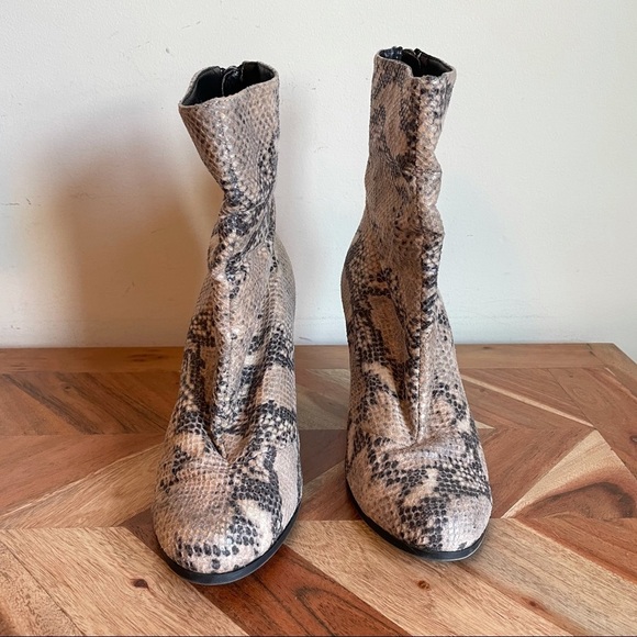 A+ Ellen Tan Snake Print Midi Heel Boots - Picture 2 of 7